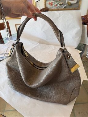 Burberry Taupe Pebbled Leather Shoulder Hobo with Gold Hardware